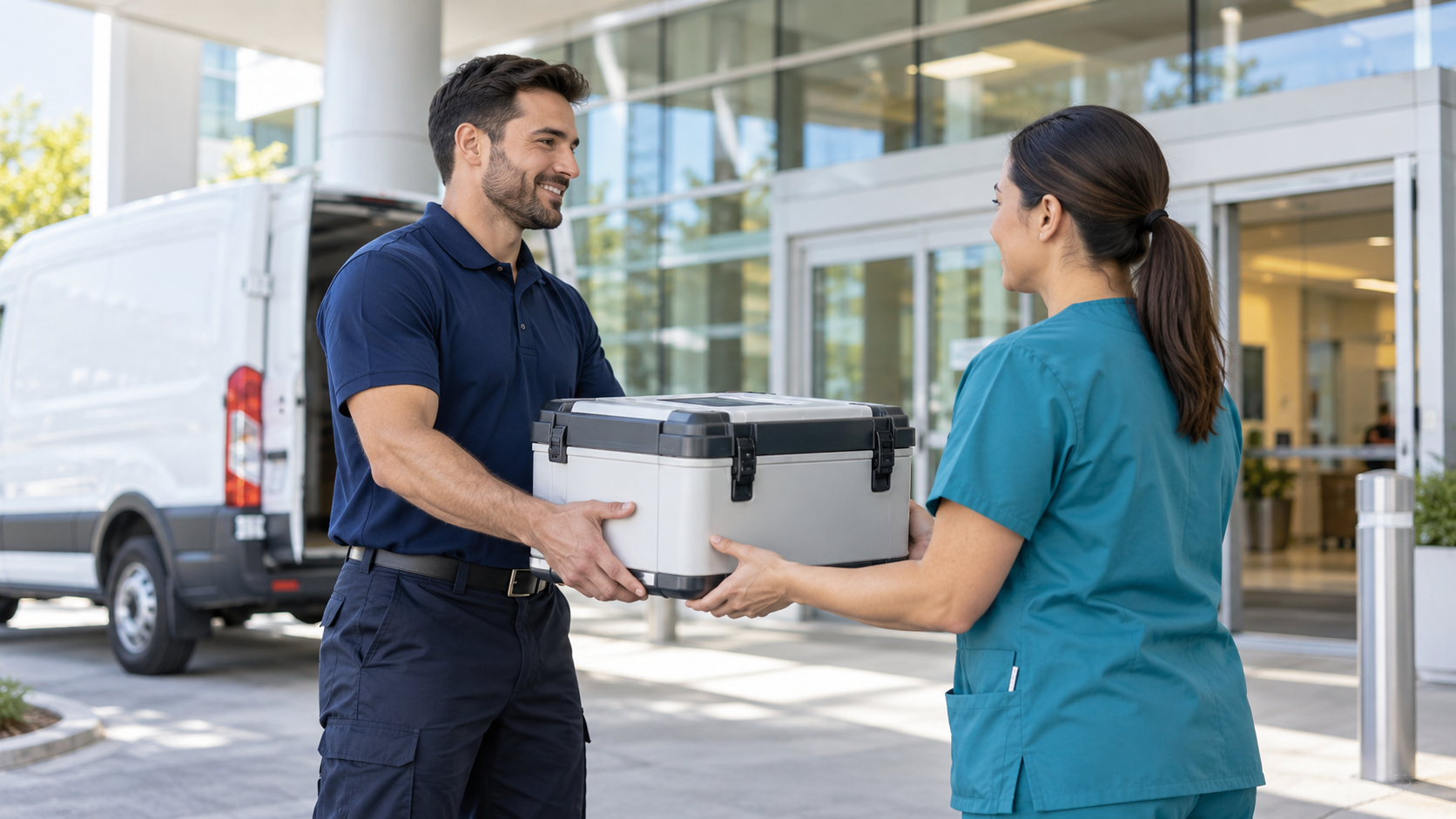 Courier handing a sealed transport case to a healthcare worker outside a hospital